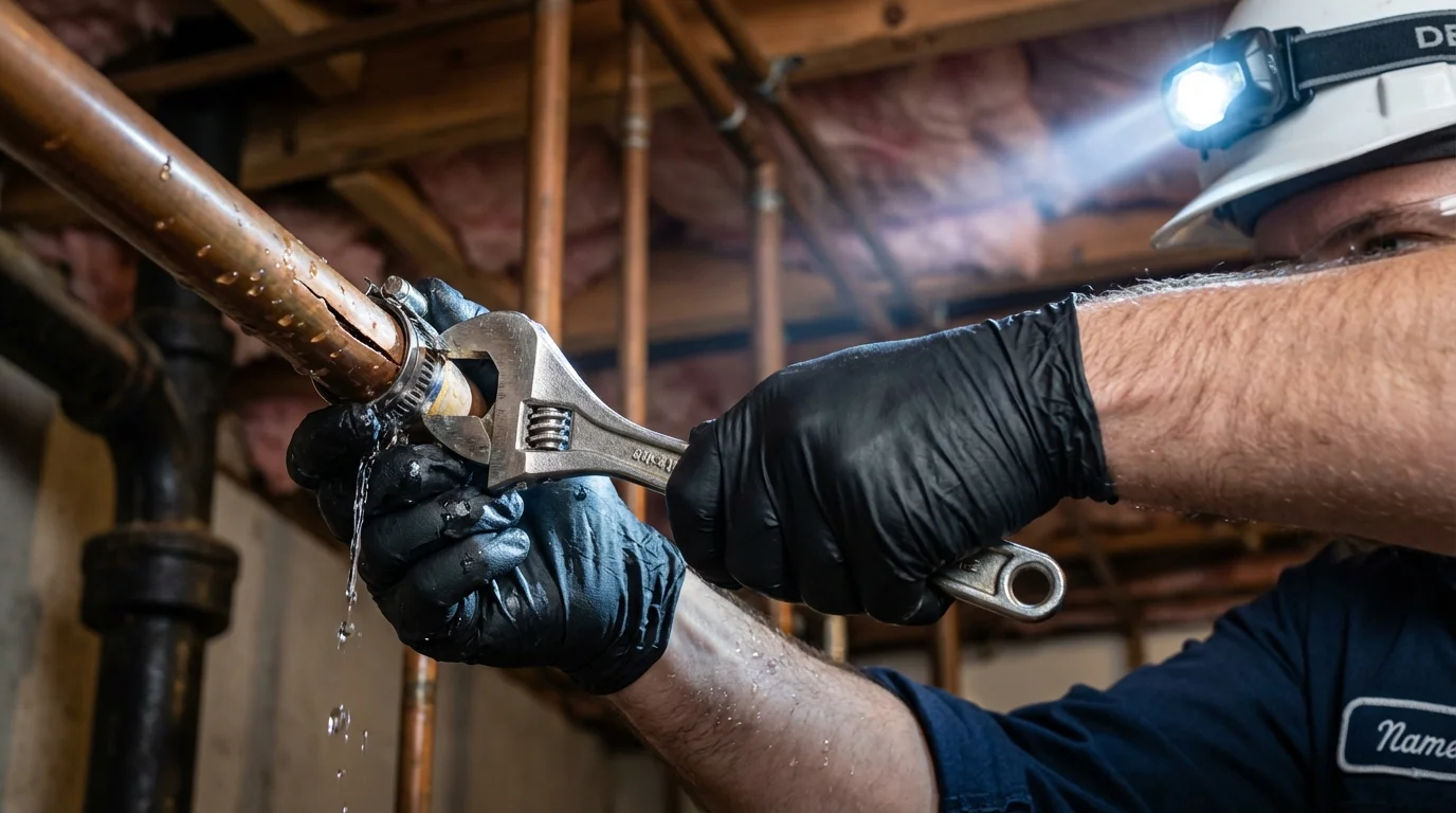 Emergency pipe clamp repair being performed by a Johns Plumbing LLC plumber in Wanchese